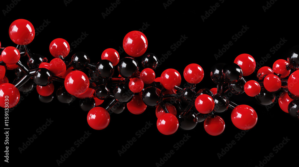 Poster 3d illustration of molecular model showcasing red and black spheres representing atoms. dynamic arra