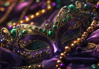 Fototapeta premium Stunning Purple Mask with Intricate Gold Design and Colorful Beads, Perfect for Festive Celebrations and Cultural Events, Detailed Close-up Photography