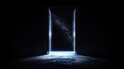 Open door revealing space and Earth.