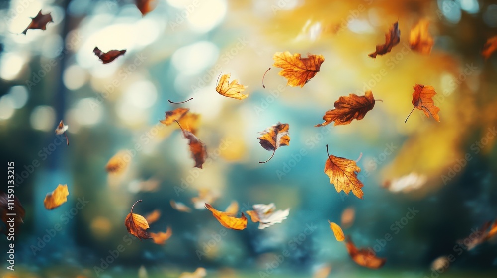 Poster a dynamic composition of colorful autumn leaves swirling in the wind against a blurred forest backgr