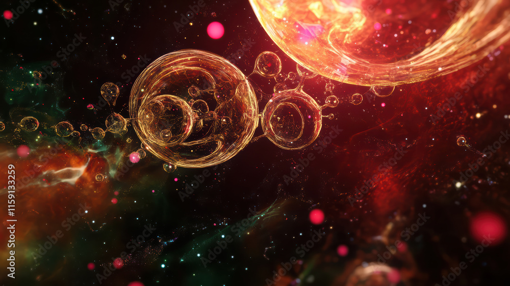 Poster 3d illustration of molecular structures in cosmic environment, featuring transparent layers and vibr