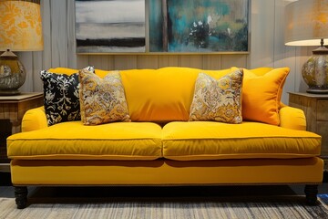 Vibrant Yellow Sofa with Cushions – Modern Interior Design Concept