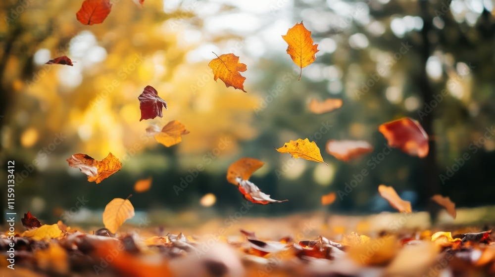 Poster a dynamic composition of colorful autumn leaves swirling in the wind against a blurred forest backgr