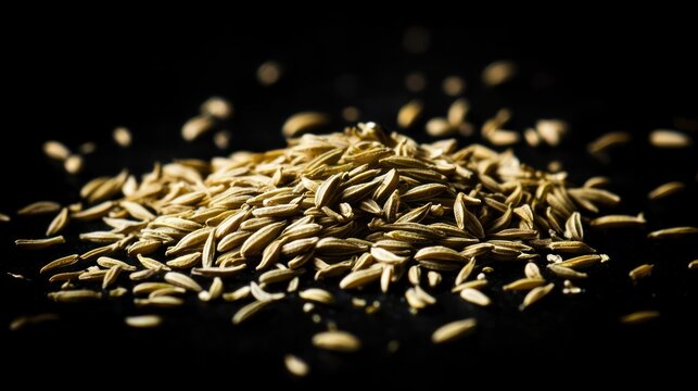 Close-up of a pile of cumin seeds against a black background.