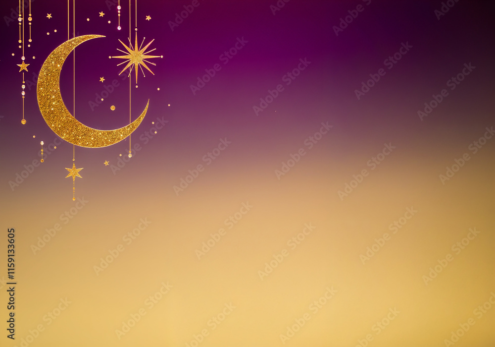 Poster elegant golden crescent moon and stars hanging on a string against a purple and gold gradient backdr