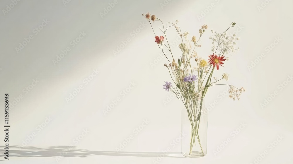 Poster minimalist still life arrangement of wildflowers in a clear glass vase with ample copy space for cre