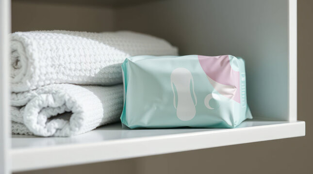 Women's sanitary napkin packaging on shelf with towels in soft light
