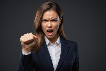 arafed woman in a suit with a fist in the air