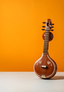 Traditional indian veena standing up against an orange background and a white table, representing indian classical music and culture