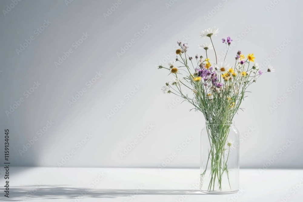 Poster minimalist still life showcasing wildflowers in a clear glass vase on a serene white background with