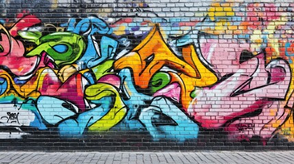 A dynamic display of colorful graffiti art on an urban brick wall, angled shot, Urban style