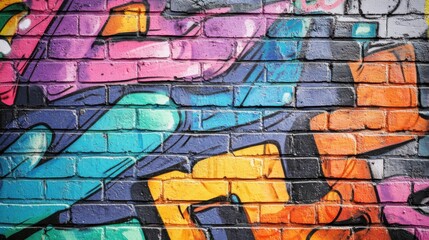 Obraz premium A dynamic display of colorful graffiti art on an urban brick wall, angled shot, Urban style