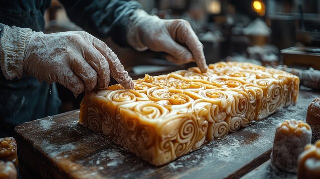 Rustic confectionery workshop with caramel being poured onto a cooling tray.