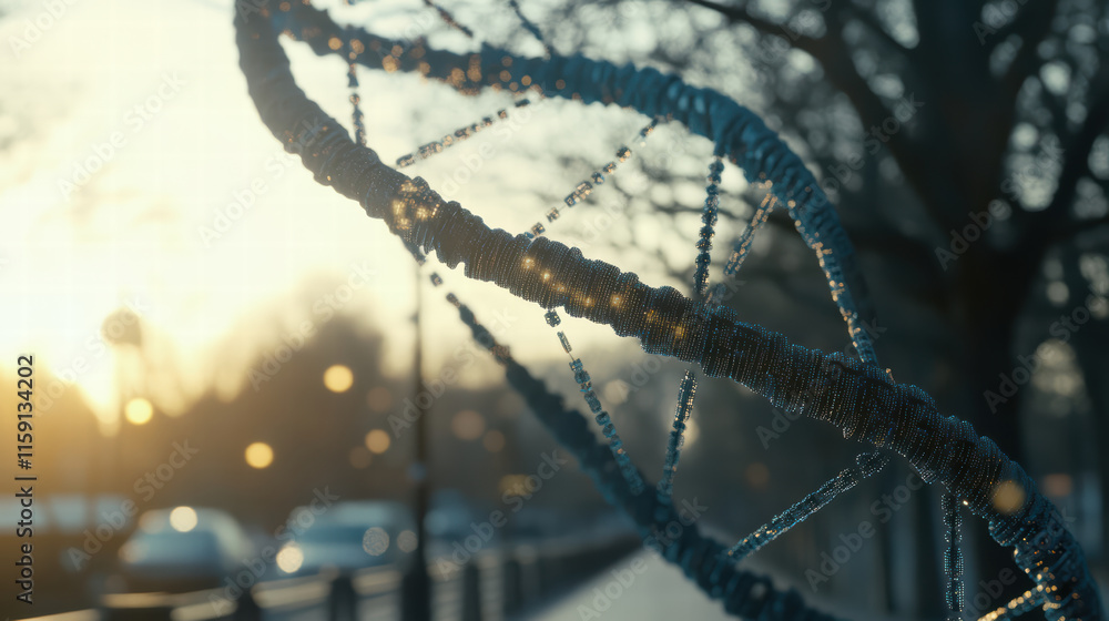 Poster close up of dna strand sculpture with artistic patterns, illuminated by soft sunlight, creating sere
