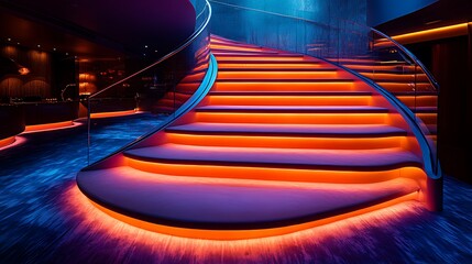Modern curved staircase with vibrant orange LED lighting.