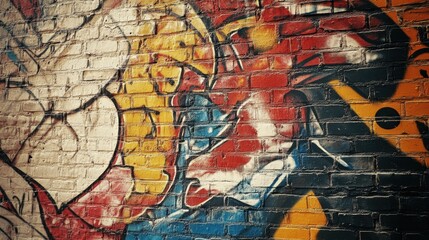 A dynamic display of colorful graffiti art on an urban brick wall, angled shot, Urban style