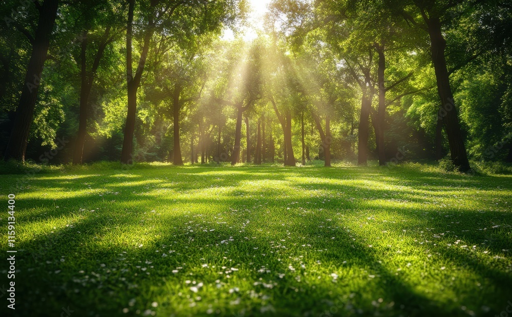 Poster sunlight filtering through lush green trees in a serene forest landscape with vibrant grass and soft