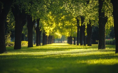 Fototapeta premium Sunlit Pathway Through Lush Green Trees in a Serene Park Setting Inviting Leisurely Strolls and Peaceful Moments Amid Nature's Beauty