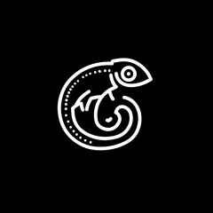 Simple line green chameleon on a tree branch logo icon design vector in trendy minimal outline style, abstract outline symbol
