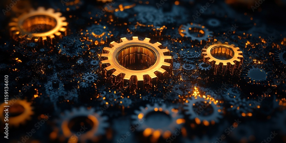 Poster close-up view of interconnected metallic gears shining in ambient light with a dark background showc