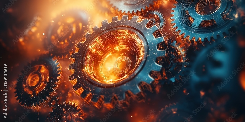 Poster intricate gears spinning in mesmerizing motion creating a vibrant display of light and energy