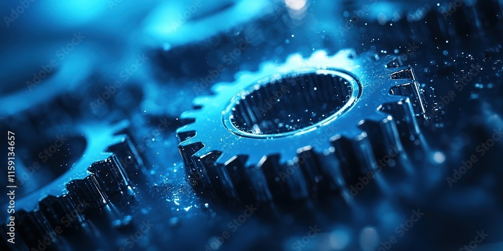 Poster close-up view of metallic gears in a blue abstract environment showcasing their intricate design and