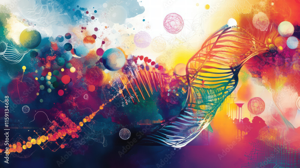 Poster vibrant abstract design featuring colorful dna strands and artistic elements, blending various shape