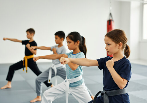 Diverse group of children practicing karate punches in a dojo, focused on improving their skills and discipline - Powered by Adobe