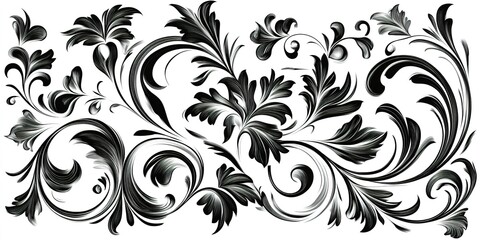 Elegant black and white floral design featuring intricate swirls and curves suitable for various decorative applications