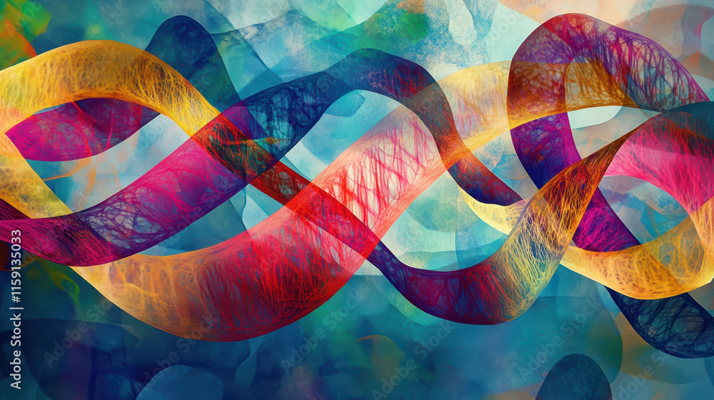 Poster colorful abstract representation of dna strands with vibrant waves. this artistic design features in