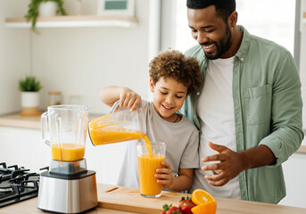 Happy family preparing healthy smoothie: father and son pouring fresh juice in kitchen