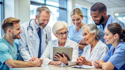 Fototapeta premium doctor senior elderly woman man hospital team medical tablet health medicine healthcare meeting teamwork professional clinic office nurse 