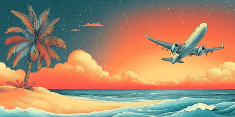 Airplane takes off over a tranquil beach with palm trees during sunset