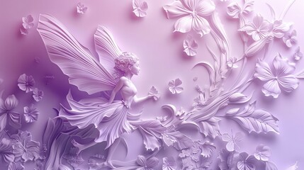 A delicate 3D fairy flutters on a bright lavender background, its soft colors and intricate details charming the senses