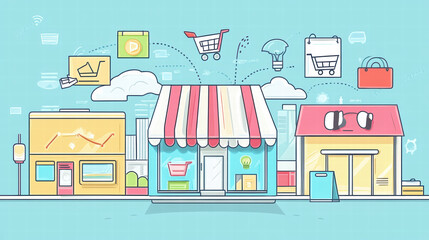colorful illustration of digital marketing campaign featuring various shops, shopping carts, and digital icons representing online commerce. This vibrant design captures essence of modern retail