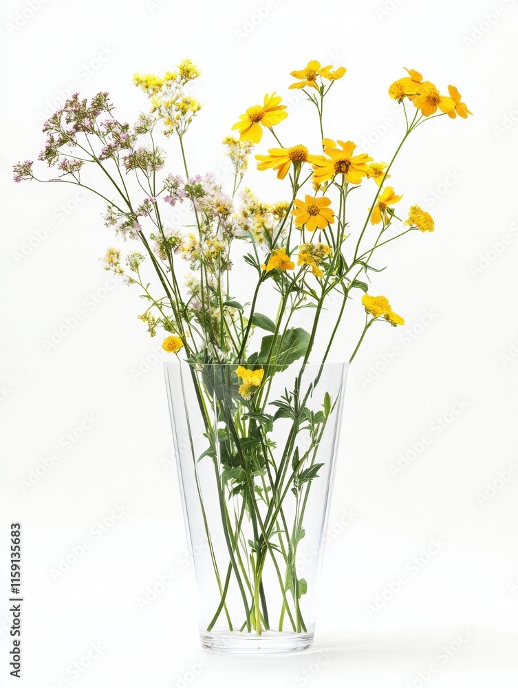 Poster wildflowers in a clear glass vase create a serene and minimalist still life for creative mock up des