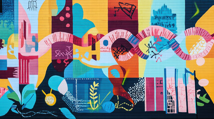 vibrant mural featuring colorful DNA sequences intertwined with abstract shapes and botanical elements, showcasing creativity and scientific themes