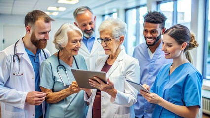 Fototapeta premium doctor senior elderly woman man hospital team medical tablet health medicine healthcare meeting teamwork professional clinic office nurse 