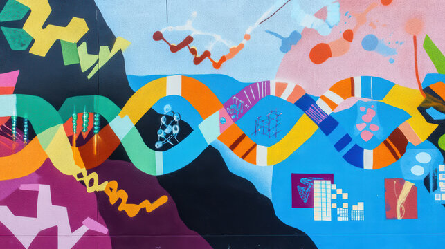 Colorful mural depicting DNA sequences merging with abstract shapes and patterns, showcasing vibrant colors and artistic designs that celebrate science and creativity