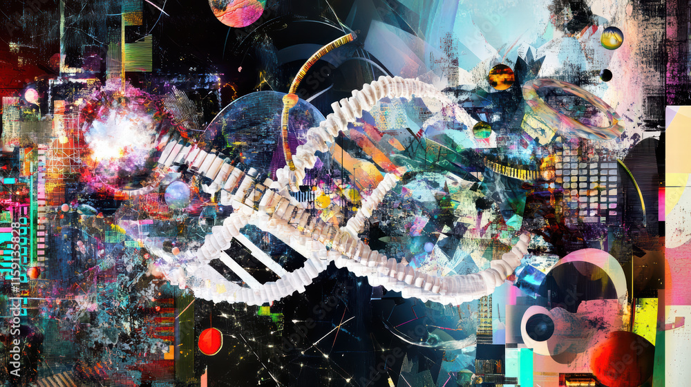 Poster vibrant conceptual artwork depicting dna as blueprint for life, showcasing intricate patterns and co
