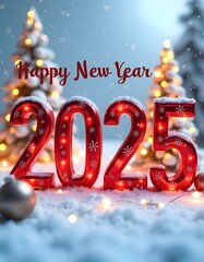 3d letters 2025 with blue color on show, happy new year and christmas tree with new concept background