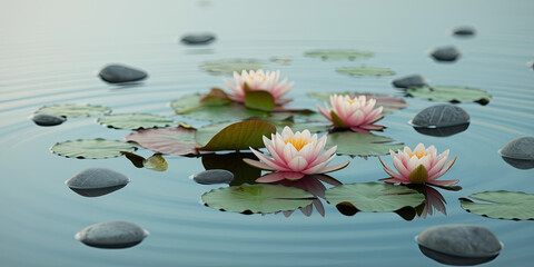 Serene Pink Water Lilies Floating on Calm Water with Stones