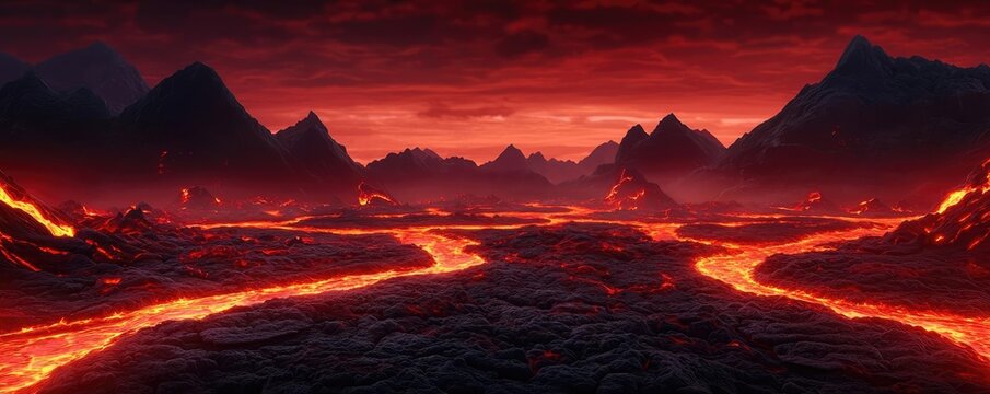 Fantasy world concept. A dramatic landscape featuring flowing lava and a fiery sky at sunset.