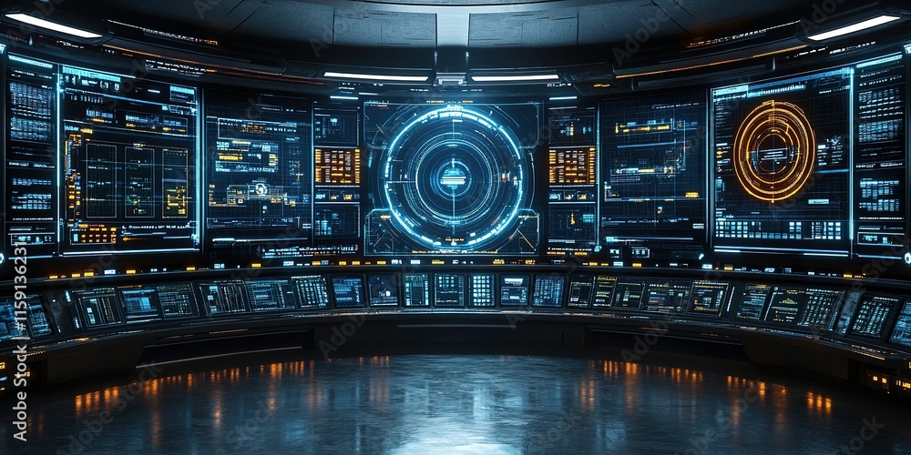 Poster futuristic control room with illuminated screens and data displays during a high-tech monitoring ses