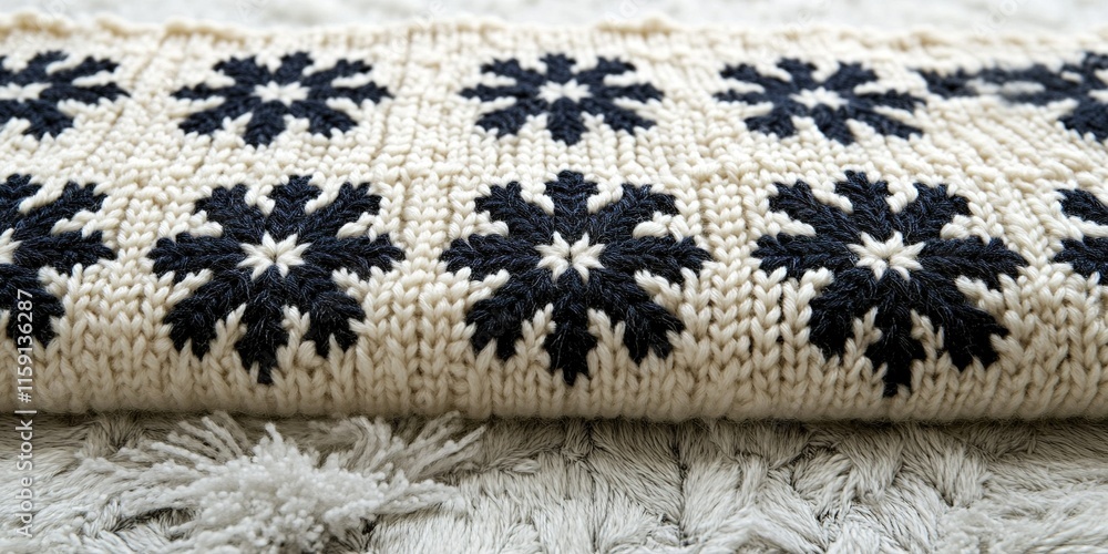 Poster knitted fabric featuring intricate black and white snowflake pattern on a textured background