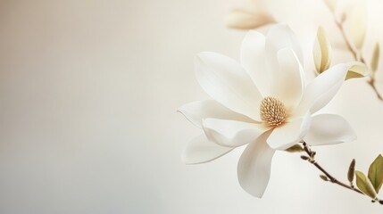 Obraz premium A graceful white magnolia against a soft ivory background, close-up shot, Minimalist style