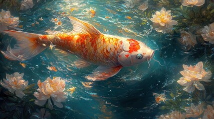 Koi fish swimming in a pond surrounded by white peonies.