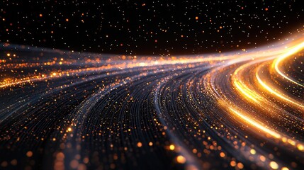 Fototapeta premium Golden Light Trails On Dark Background, Creating Cosmic And Futuristic Patterns With Vibrant Energy. Perfect For Abstract Art, Technology, And Celestial-Themed Designs.