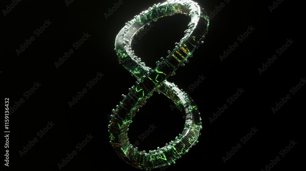 Poster conceptual image of green infinity symbol representing endless possibilities and connections, illumi