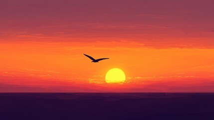 Obraz premium Solitary Bird Soaring Across a Majestic Sunset Horizon for Tranquil Wall Art